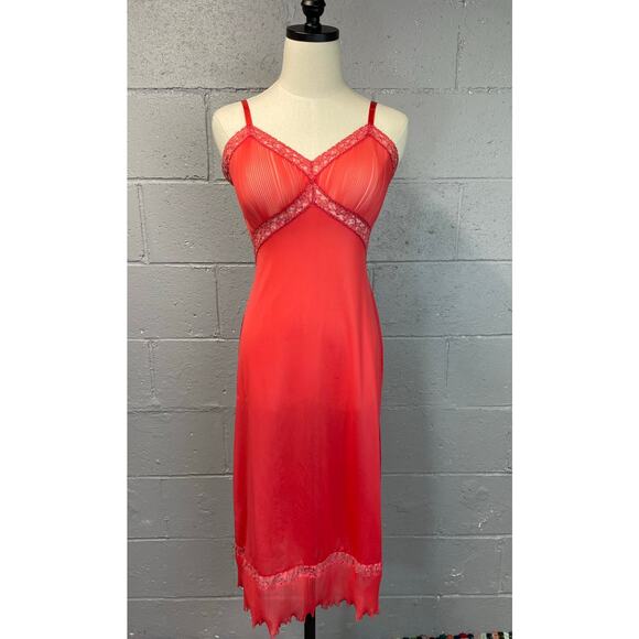Vintage 50s Vanity Fair Slip Dress Coral Accordion Pleats Semi Sheer Nylon Lace - Picture 4 of 10